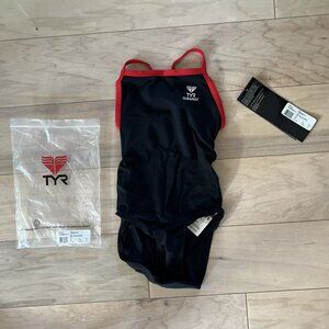 TYR Durafast Youth Solid Ringback 1pc Piece Swimsuit Black Red Trim Girls Sz 24
